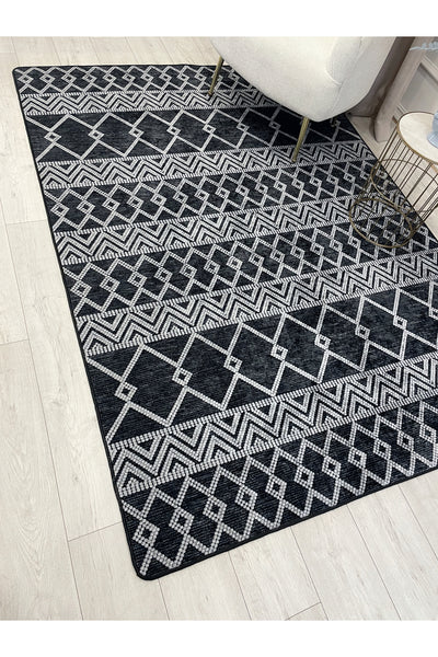 Gray Black Scandinavian Style Kilim Pattern Runner Latex Rug