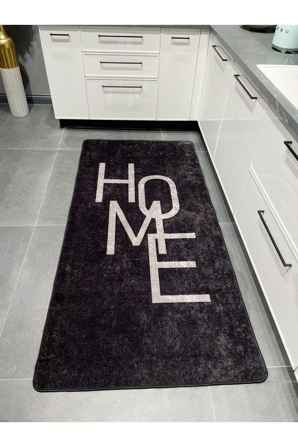 Home Yazılı Düz Mutfak Halısı - SİYAH