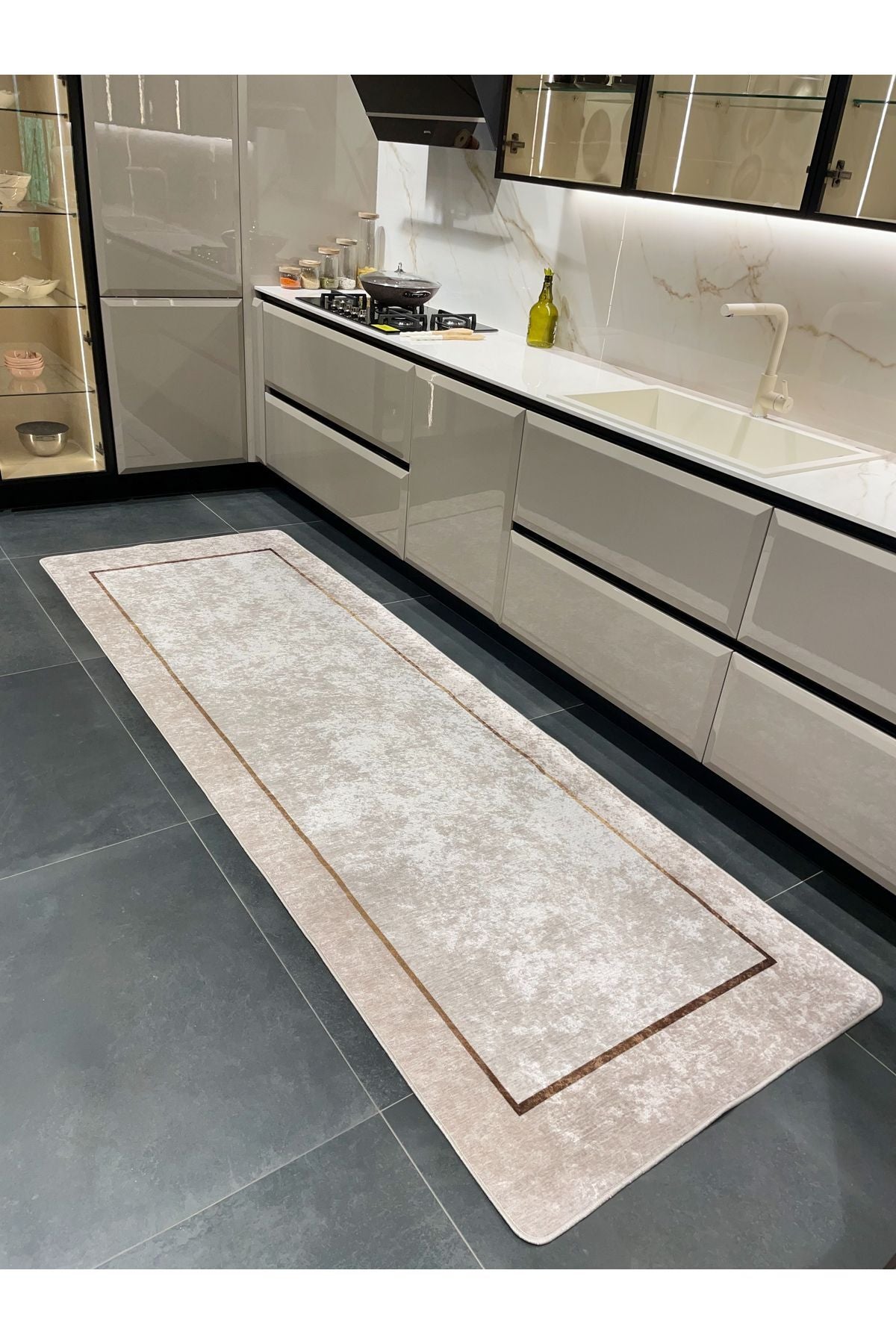 Solid Beige Latex Base Kitchen Rug