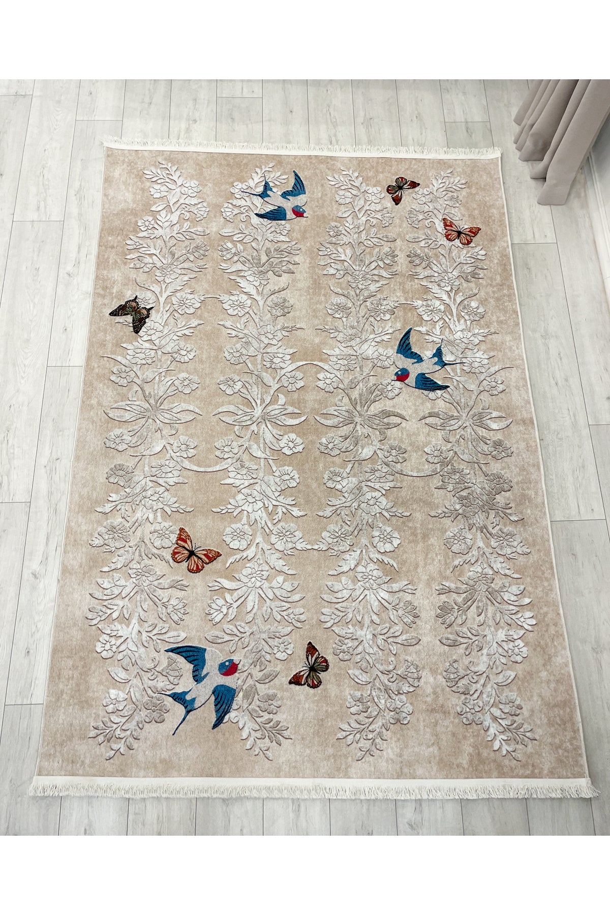 BEIGE - Embroidery-Look Bird Motif Latex Base Runner Rug