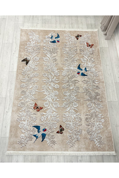BEIGE - Embroidery-Look Bird Motif Latex Base Runner Rug
