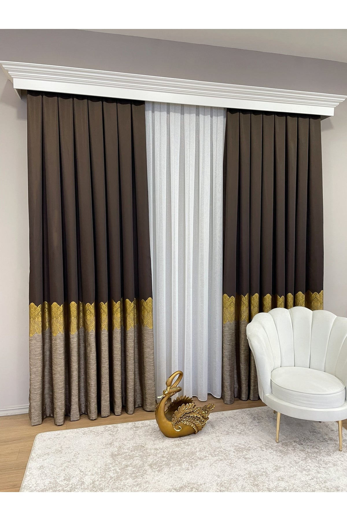 Brown Gold - Damask Patterned 1/3 Dense Pleated Blackout Curtain