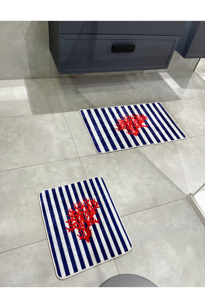 Mercan 2-Piece Latex Base Bathroom Mat Set (60x100 - 60x50) NAVY BLUE