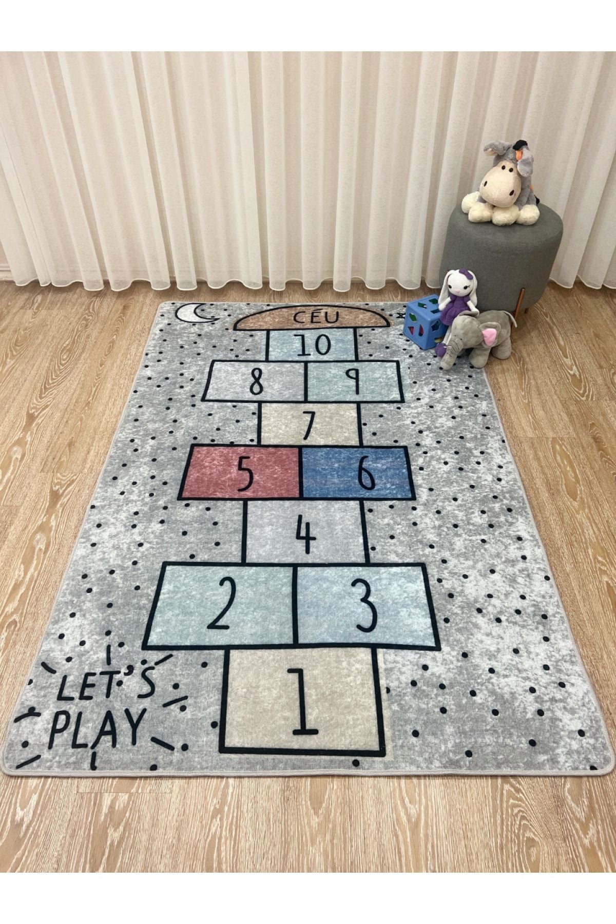 Seksek Desenli Yıkanabilir Çocuk Bebek Halısı - Gri