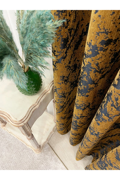 Brown-Navy Blue Chenille Pattern Jacquard 1/3 Dense Pleated Jacquard Blackout Curtain
