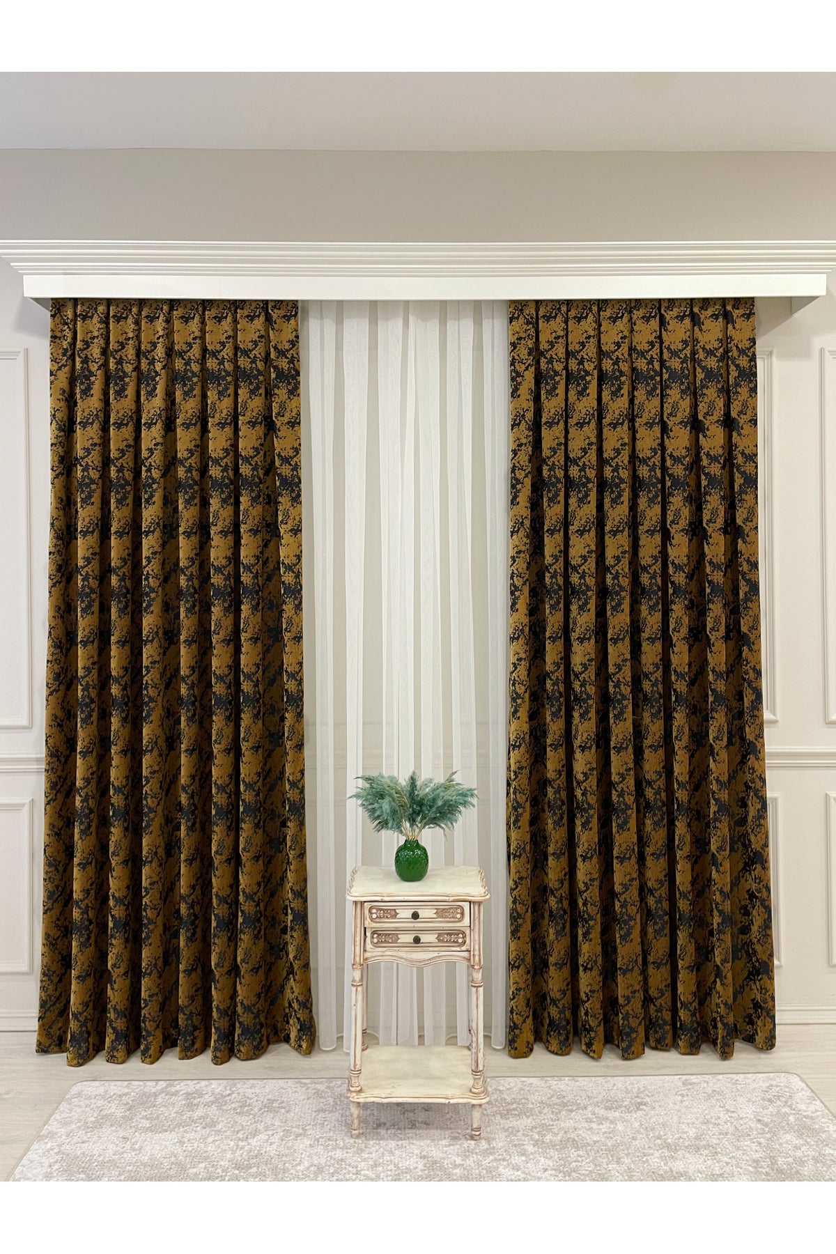 Brown-Navy Blue Chenille Pattern Jacquard 1/3 Dense Pleated Jacquard Blackout Curtain