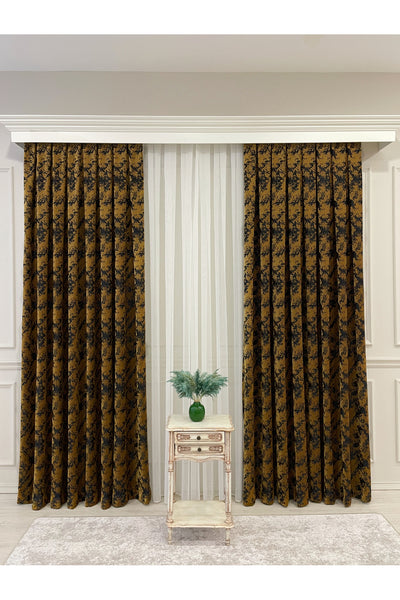 Brown-Navy Blue Chenille Pattern Jacquard 1/3 Dense Pleated Jacquard Blackout Curtain