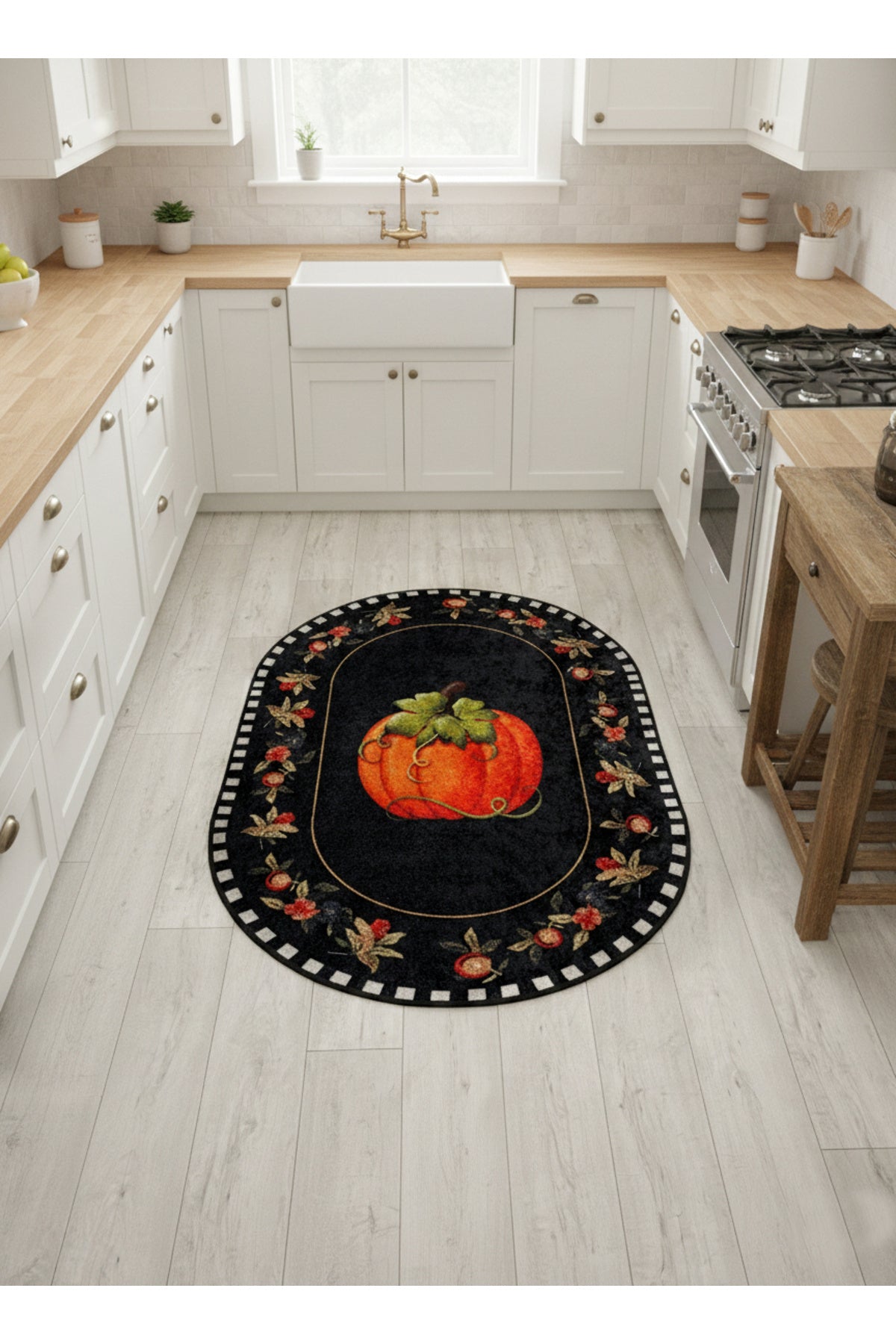 Pumpkin Pattern Bordered Oval Kitchen Rug