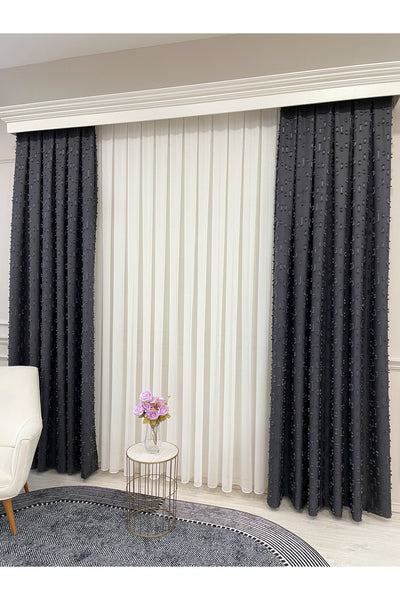 Indigo Blue Pompom Puffy Blackout Curtain 1/3 Dense Pleat