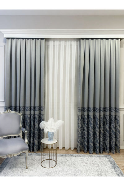 Gray Striped Pattern 1/3 TIGHT Pleat Jacquard Blackout Curtain
