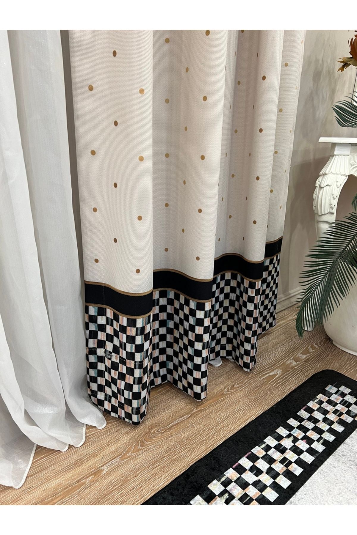 No-Pleat Extra-Reinforced Checkered Blackout Curtain - Beige-Black