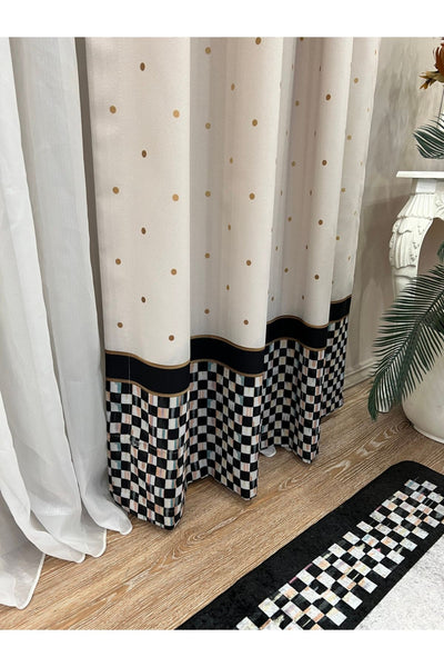 No-Pleat Extra-Reinforced Checkered Blackout Curtain - Beige-Black