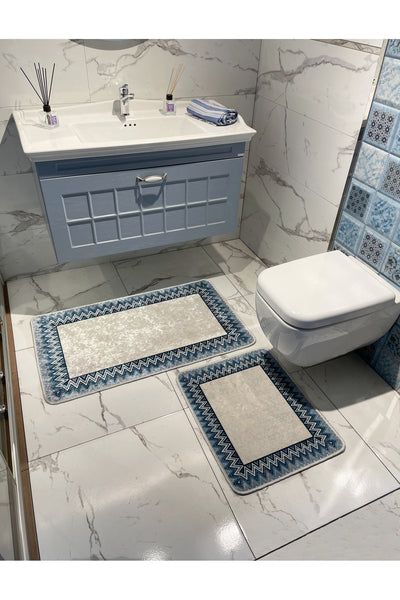 Mint Green - Zigzag Patterned Leather Base 2-Piece Bath Mat Set (60x100 - 60x50)