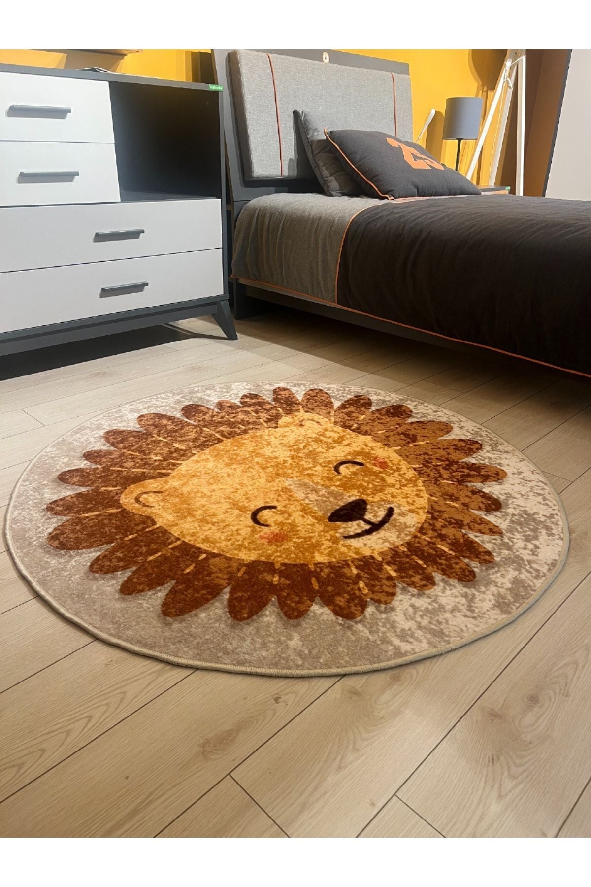 Lion Patterned Washable Kids Baby Rug - Beige Brown