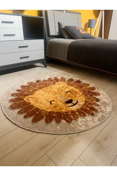 Lion Patterned Washable Kids Baby Rug - Beige Brown
