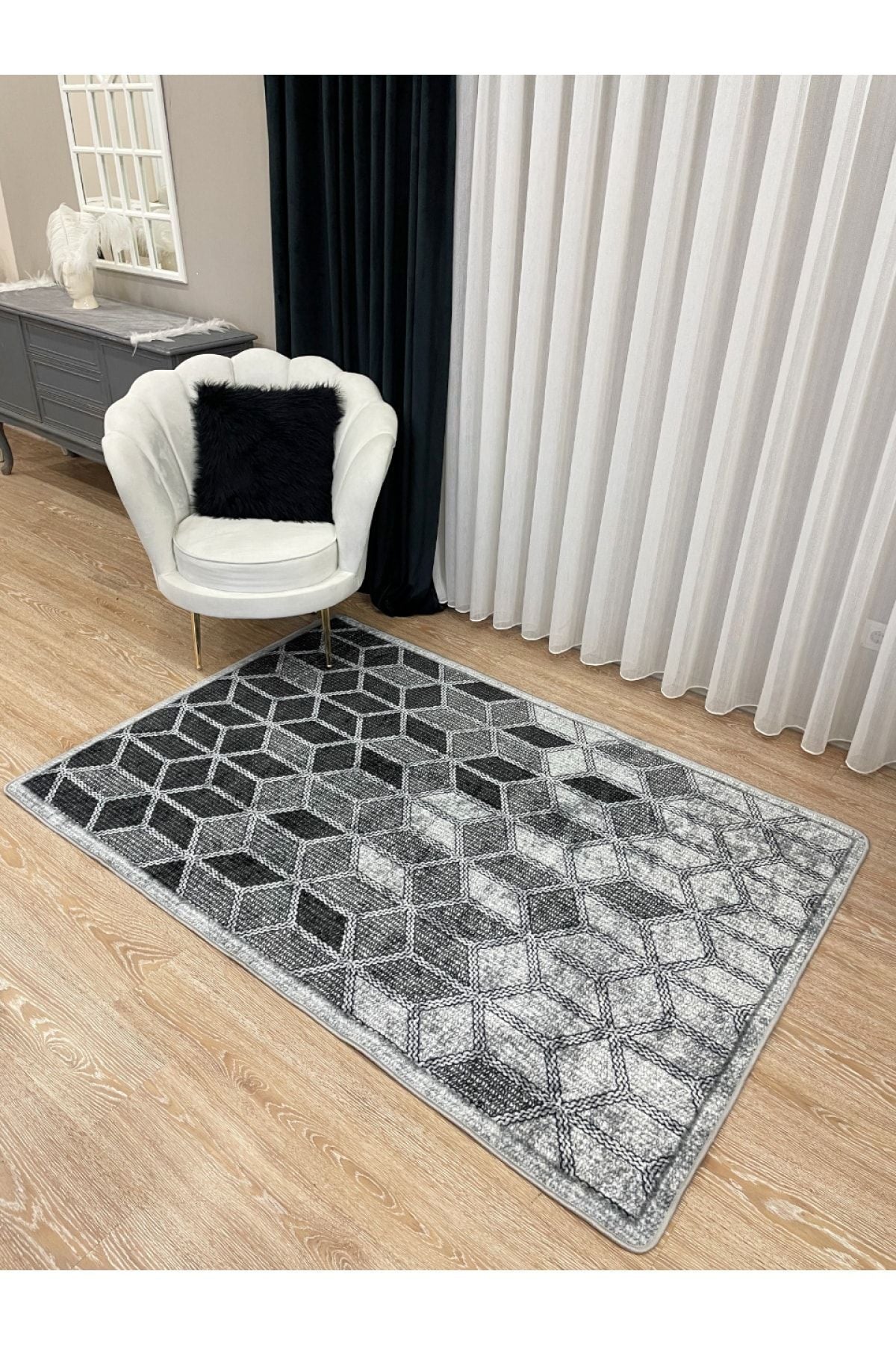 Geometrik Motifli 3 Boyutlu Lateks Taban Halı - Gri Renk