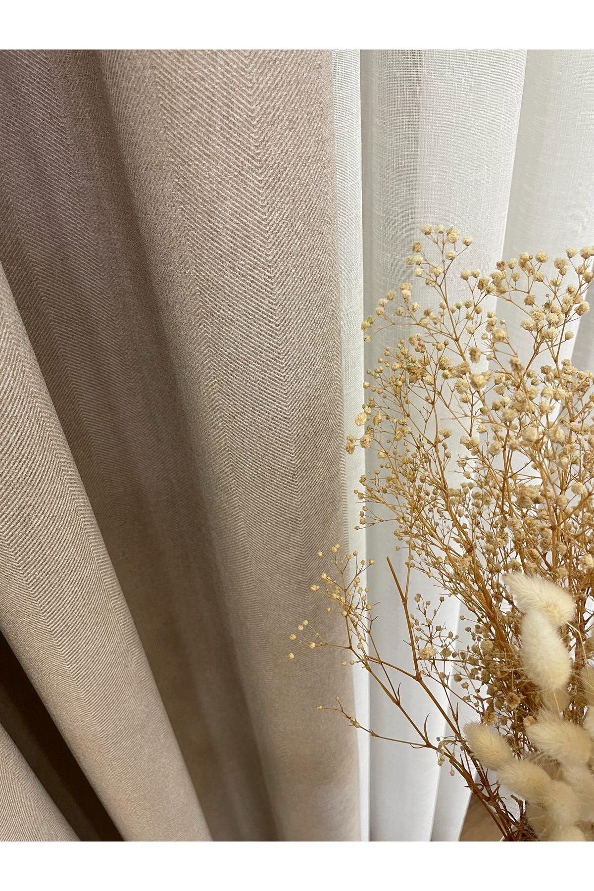 Heathered Milky Brown Linen-Look 1/3 Dense Pleated Blackout Curtain