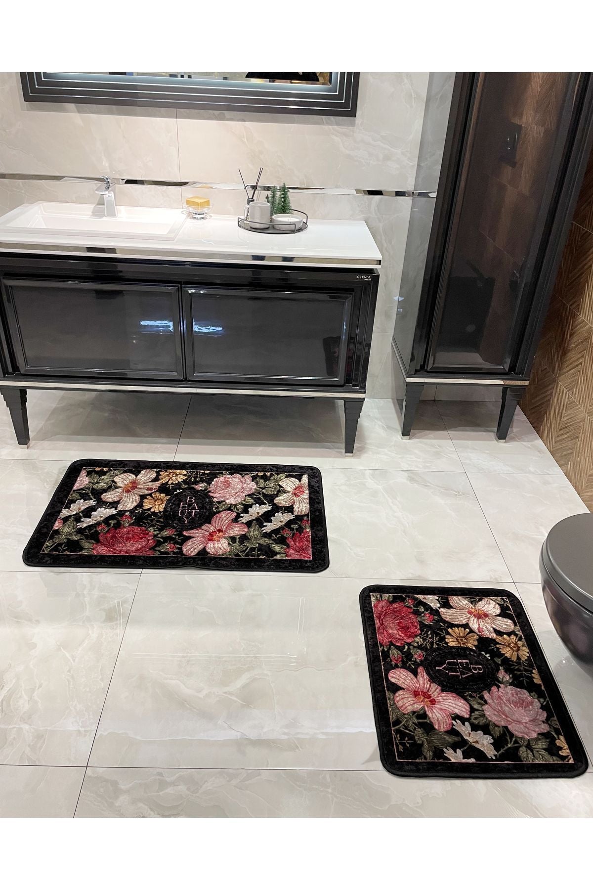 2-Piece Floral Pattern 60x100 - 60x50 Beauty Latex-Backed Bath Mat Set