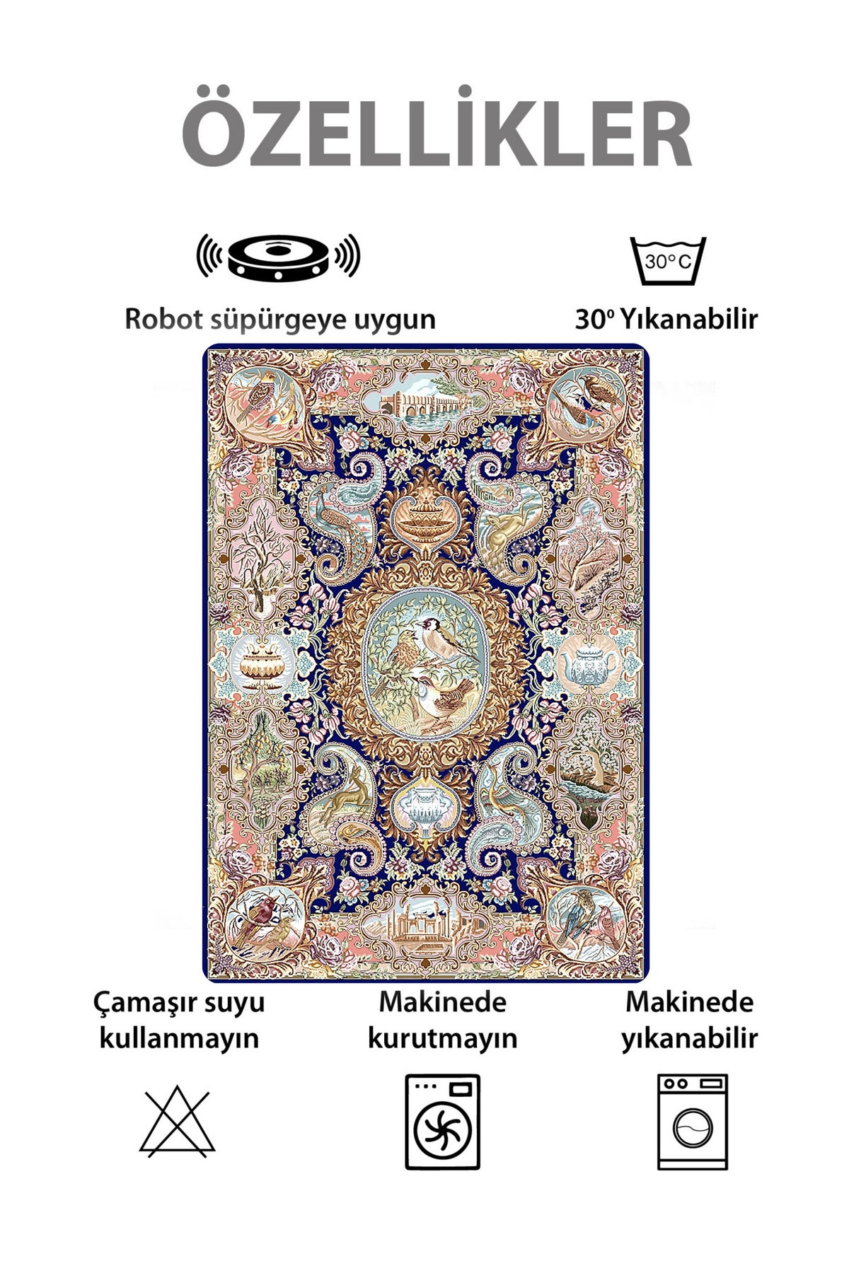 Bird Motif Classic Pattern Fringed Latex Base Rug