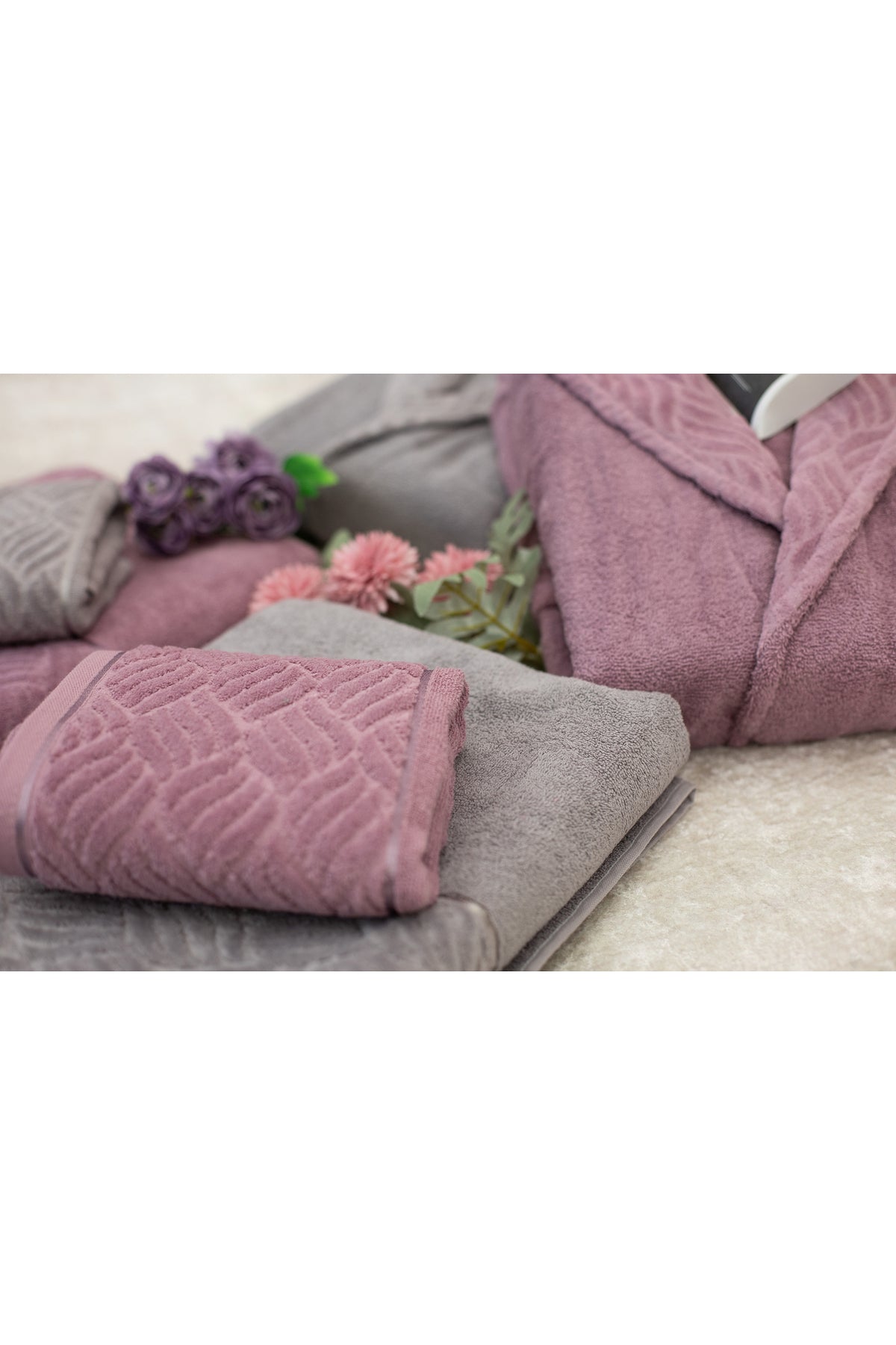 6-Piece Gray - Salmon Family Bathrobe Set