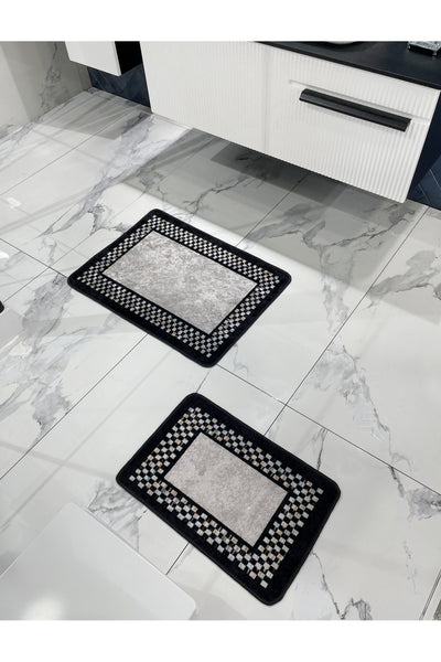 Melany Checkered 2-Piece Latex Base Bathroom Mat Set (60x80 - 60x40) Gray-Black