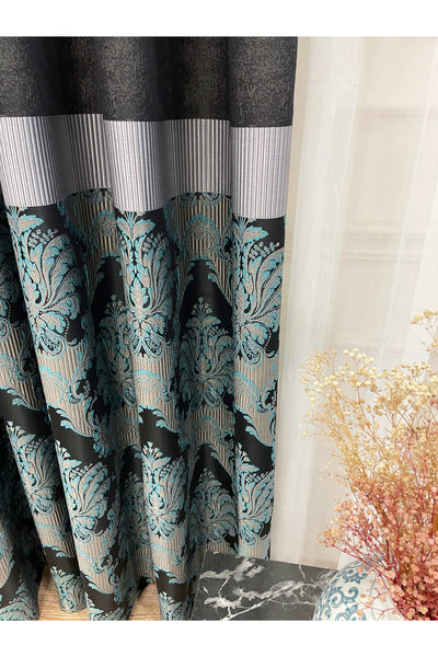 Gray Brown Damask Pattern Jacquard 1/3 Tight Pleat Jacquard Blackout Curtain