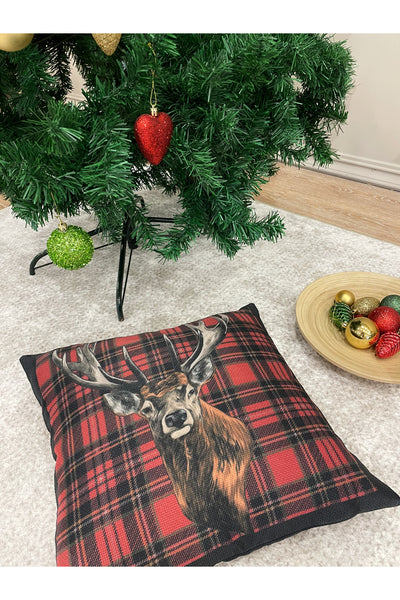 Christmas Reindeer Print Linen-Look Plaid Cushion Cover