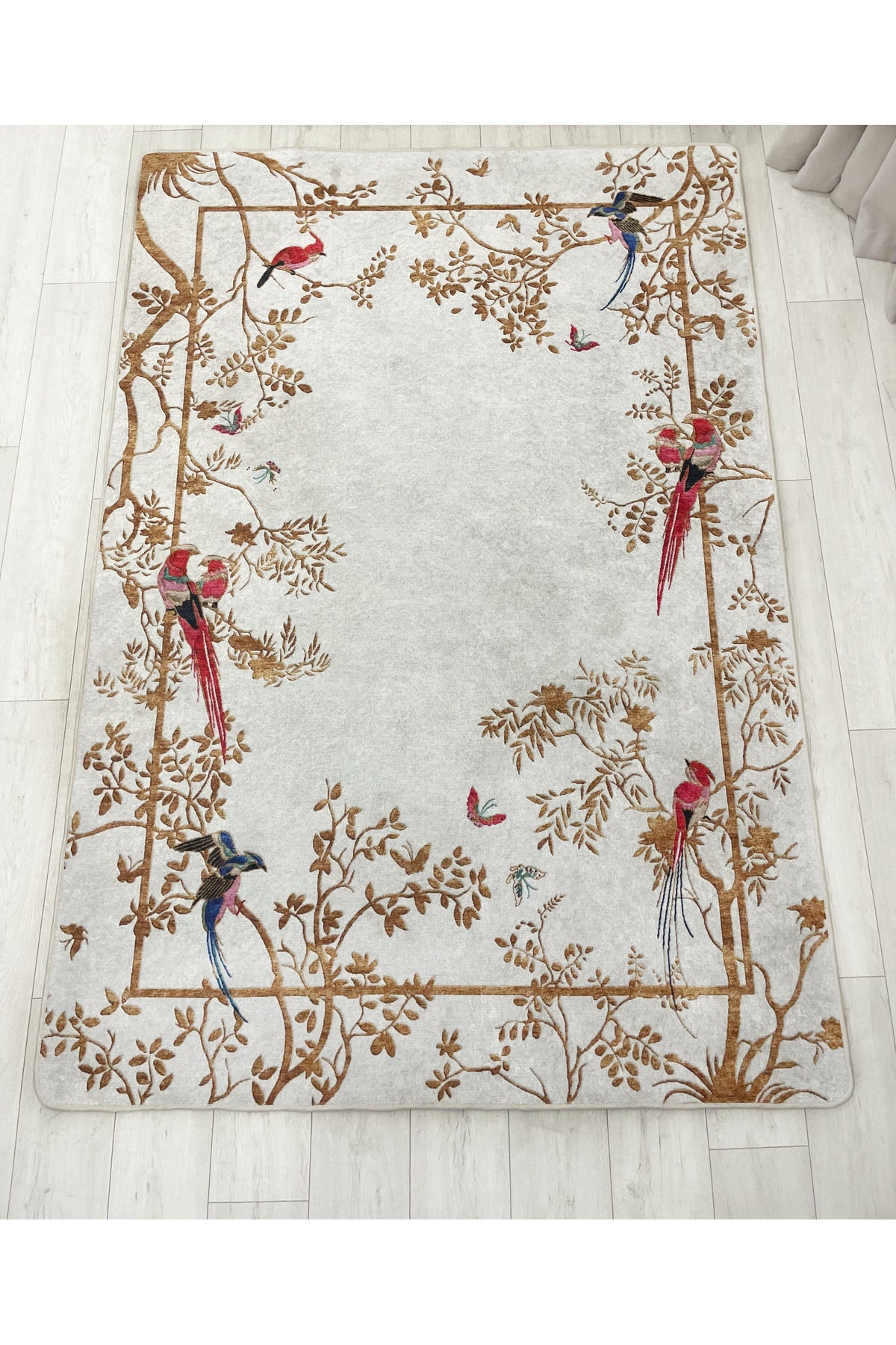 GRAY - Embroidery Look Bird Print Latex Base Runner Rug