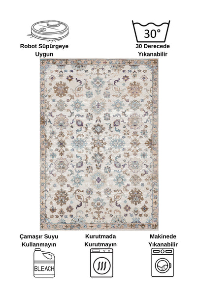 BEIGE Traditional Patterned FRINGED Classic Non-Slip Base Rug