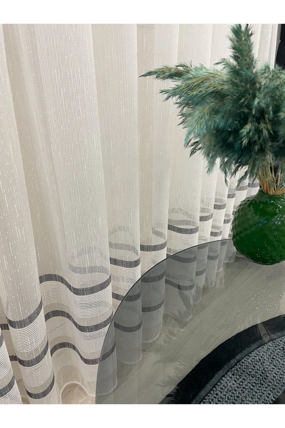 Modern Shantung Banded 1/3 Dense Pleat - Ecru/Gray Sheer Curtain