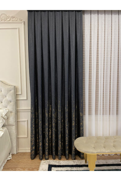 Jacquard Ground Foil Print 1/3 Dense Pleat Blackout Curtain - Beige - Gold Foil