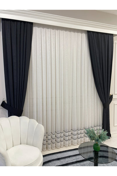 Modern Shantung Banded 1/3 Dense Pleat - Ecru/Gray Sheer Curtain