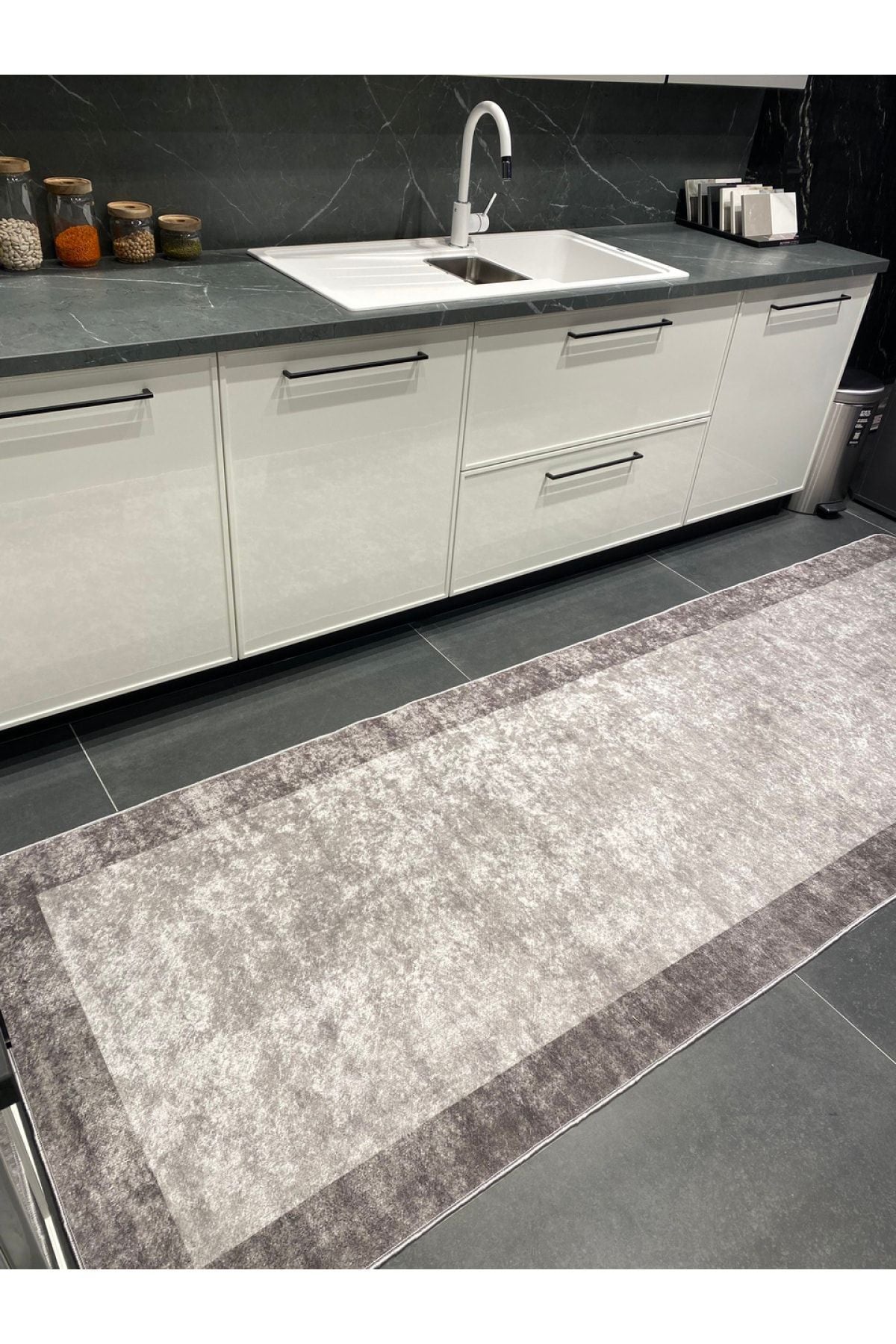 Geometric Striped Latex Leather Backing Fringeless Kitchen Rug - Gray-Black