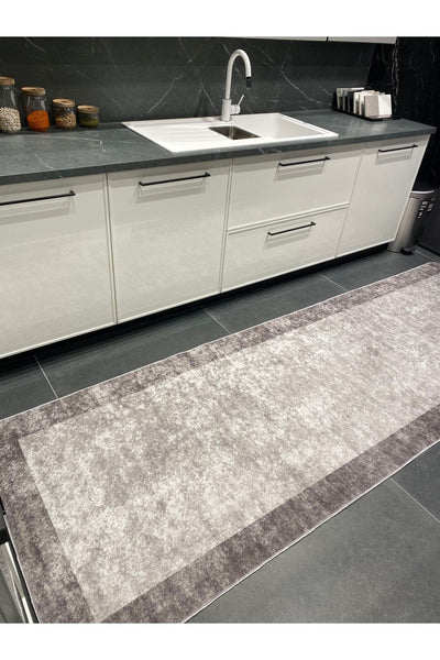 Geometric Striped Latex Leather Backing Fringeless Kitchen Rug - Gray-Black