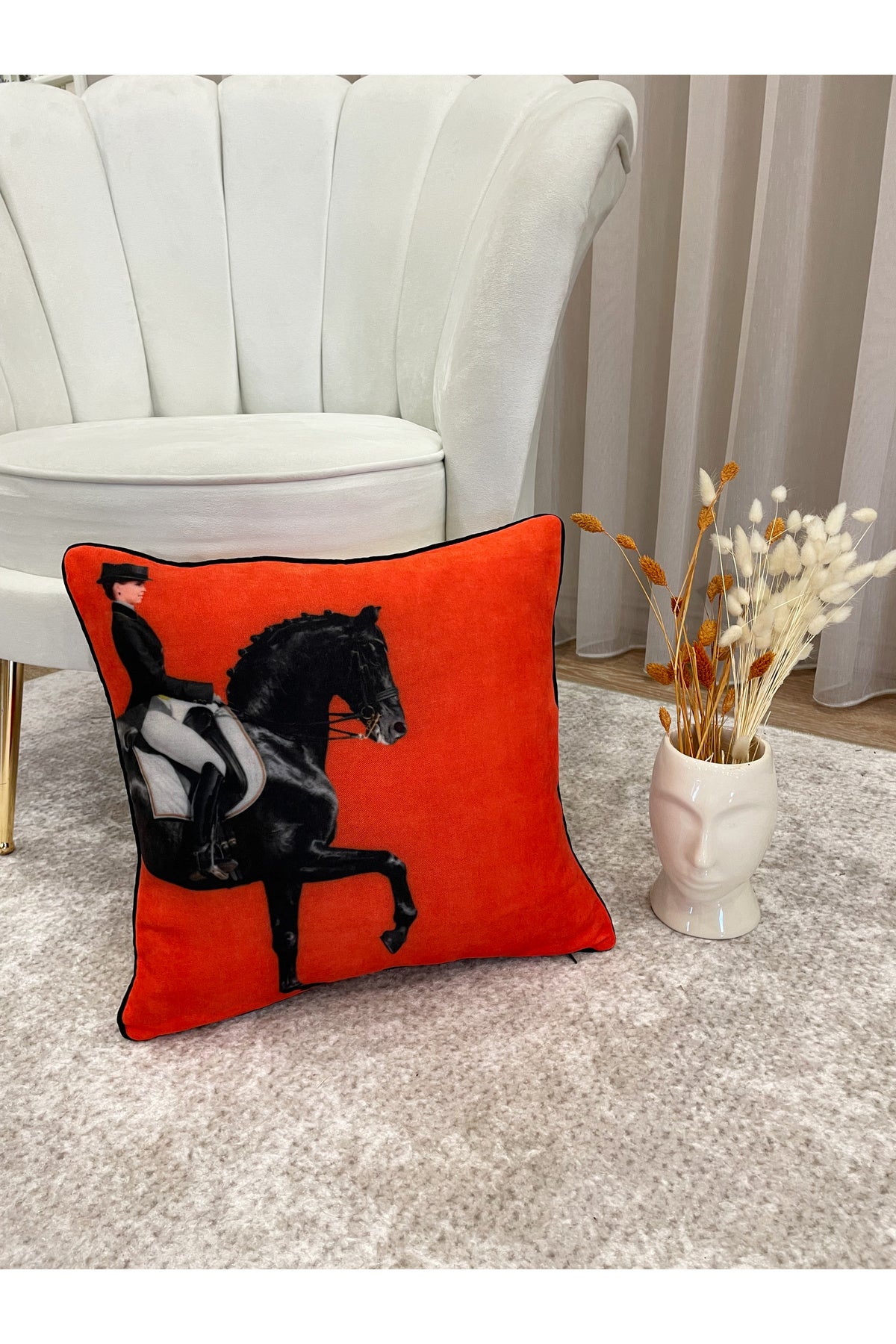 Horse Patterned Piped Throw Pillow Cover 45x45 - ORANGE