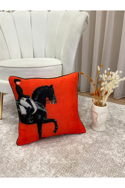 Horse Patterned Piped Throw Pillow Cover 45x45 - ORANGE