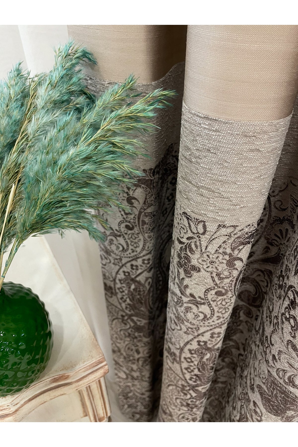 Gray Shawl Pattern 1/3 TIGHT PLEAT Jacquard Woven Blackout Curtain