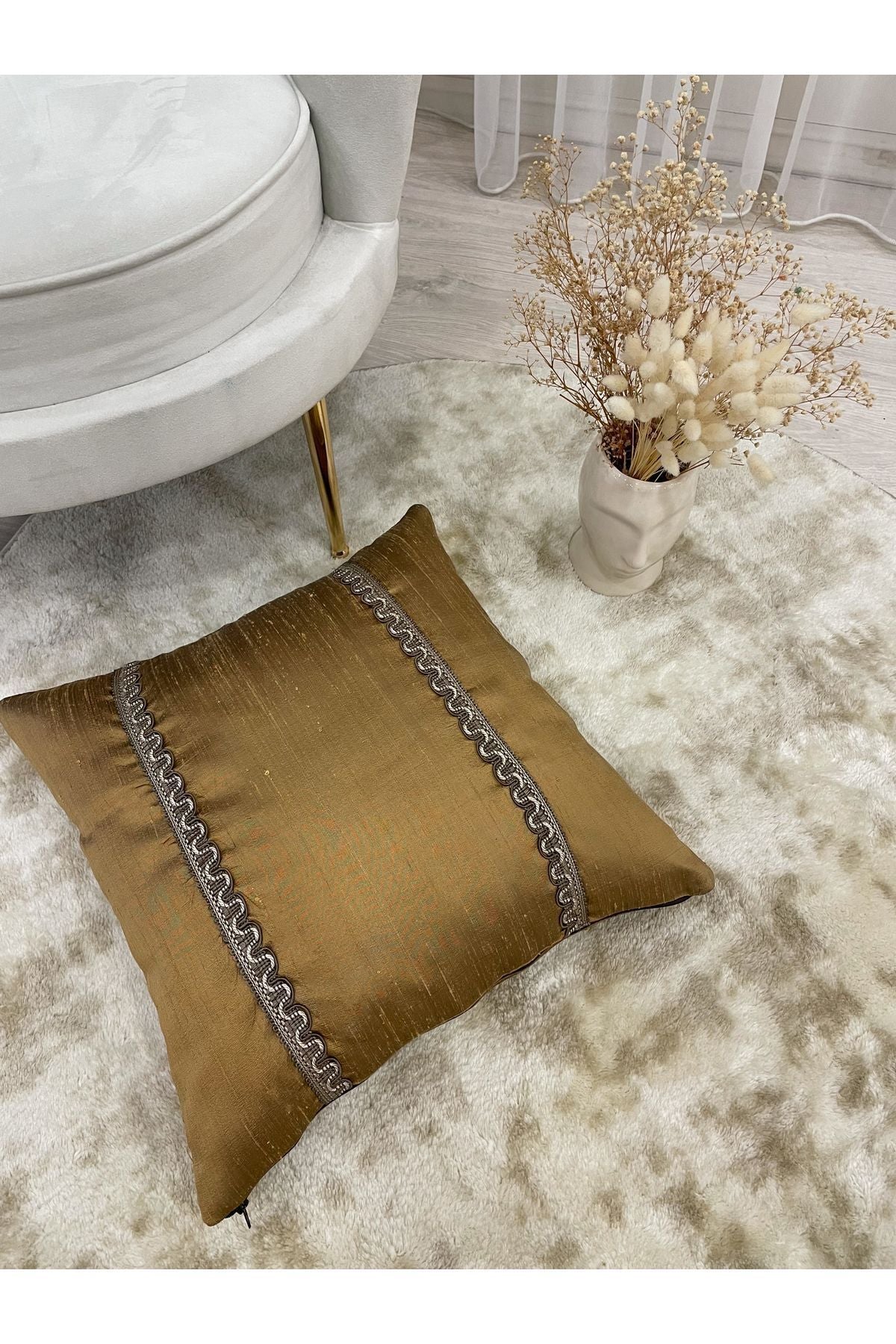 Imported Silk Cushion Pillow Cover with Cord (45x45) (Gold Color) - Luxe
