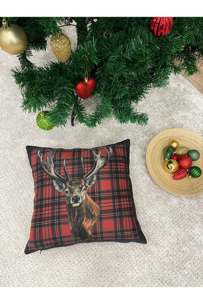 Christmas Reindeer Print Linen-Look Plaid Cushion Cover