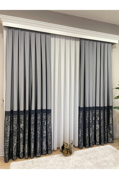 Gray Shawl Pattern 1/3 TIGHT PLEAT Jacquard Woven Blackout Curtain