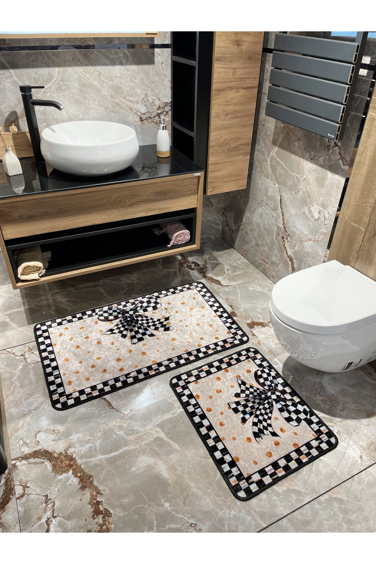 Damalı Kurdela Desenli Banyo Paspası 60X100 - 60X50 - BEJ-SİYAH