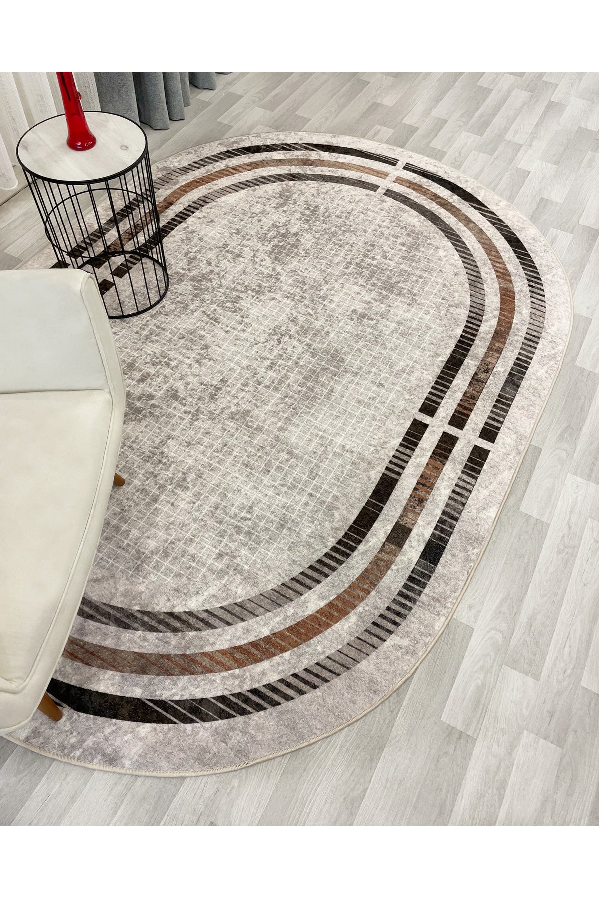 BEIGE Striped Bordered Non-Slip Base Framed Rug