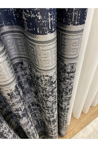 Gray Anthracite Bordered Pattern 1/3 Tight Pleat Jacquard Woven Blackout Curtain