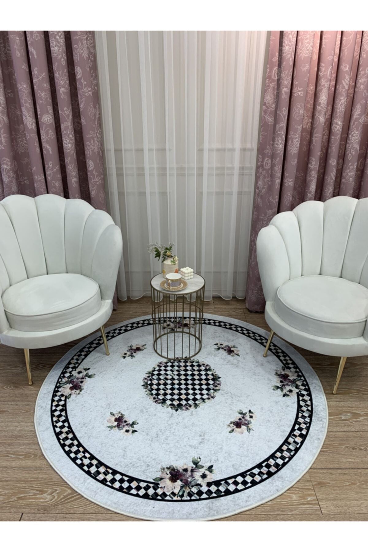 Gray Black Checkered Fringeless Round Latex Rug 150x150