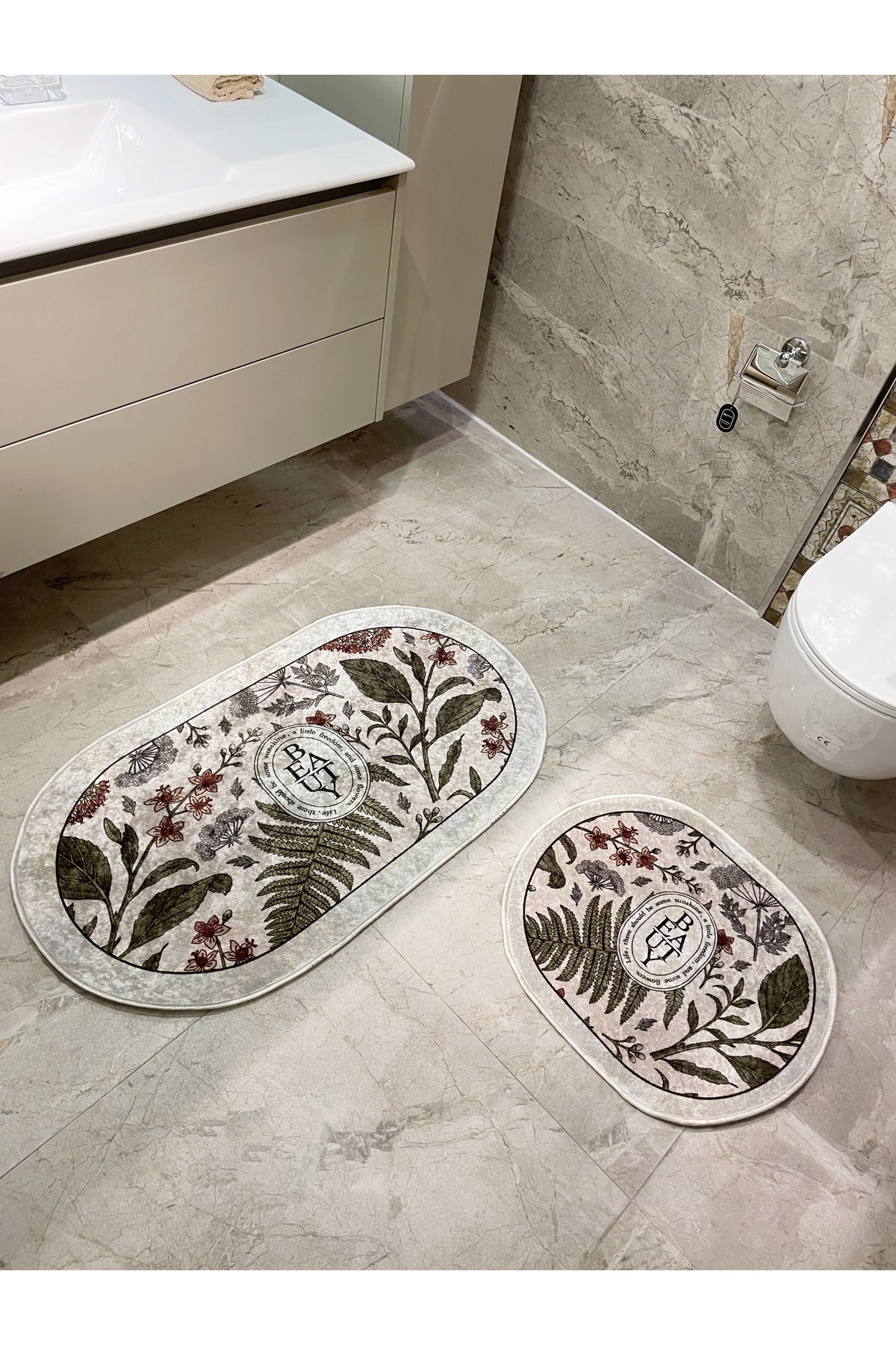 2 li Çiçek Desenli 60x100 - 60x50 Beauty Lateks Taban Banyo Paspas
