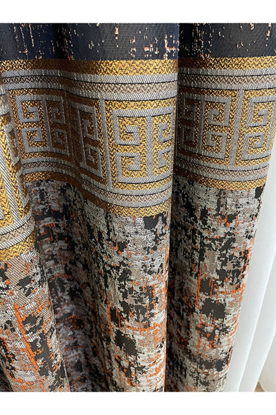 Gray Anthracite Bordered Pattern 1/3 Tight Pleat Jacquard Woven Blackout Curtain
