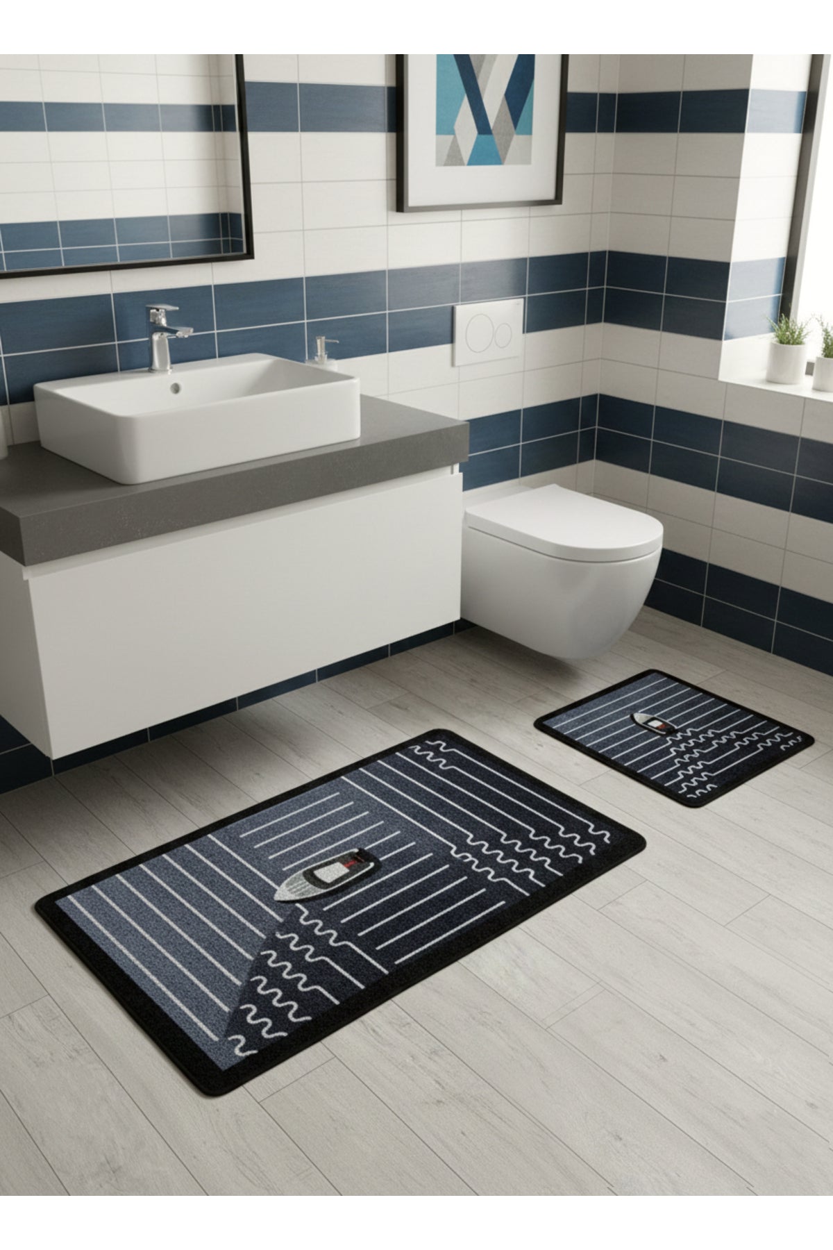 Boat Pattern Striped 2-Piece Leather Base Bathroom Mat Set (70x110 - 70x50)