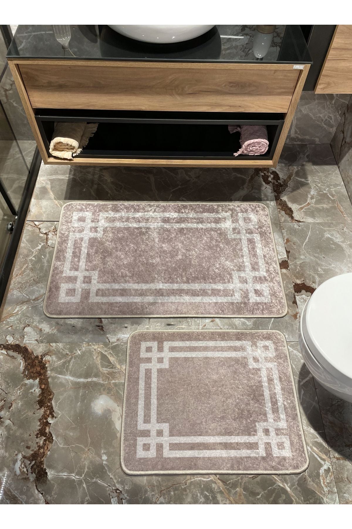 Latex Base (60X100 - 60X50) Double Bath Mat Set - MINK BROWN