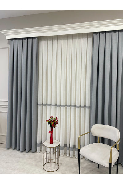 Linen-Look Banded 1/3 Dense Pleated - Ecru/Grey Sheer Curtain
