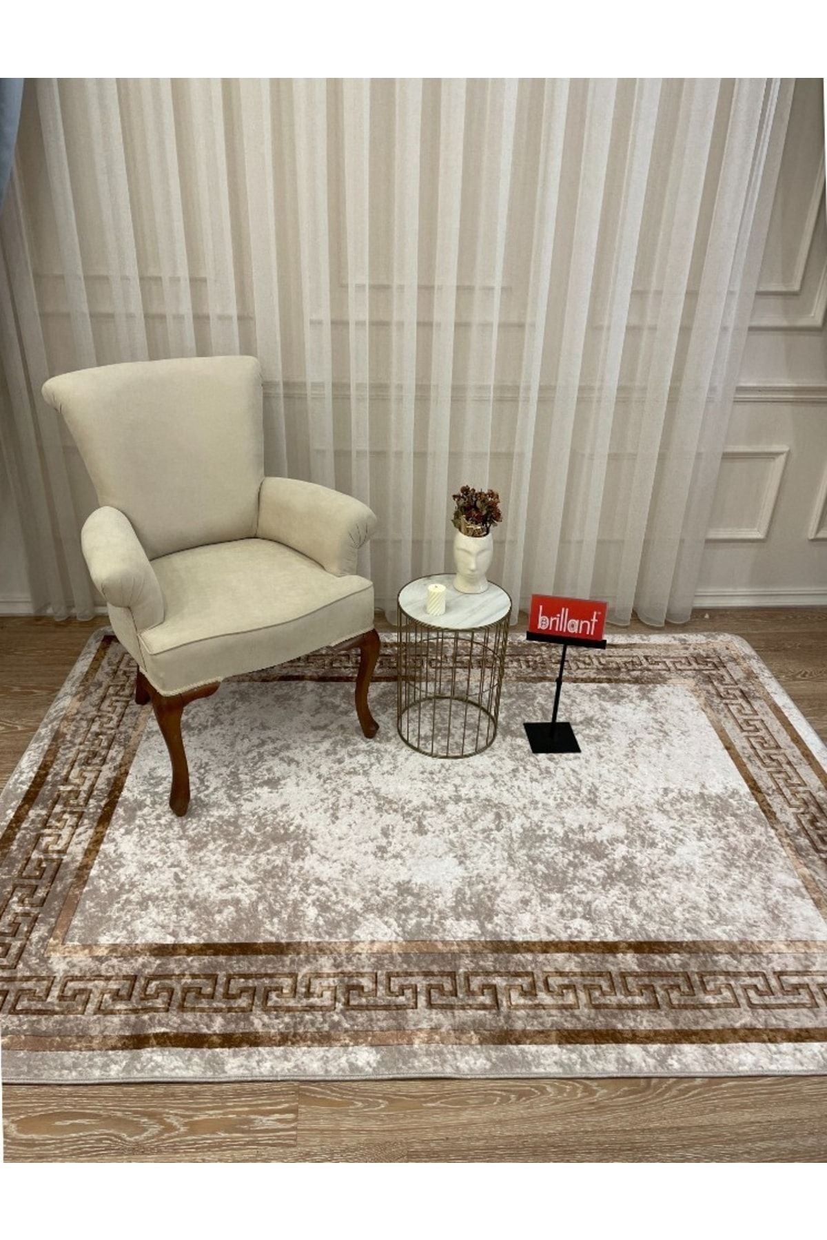 Classic Striped Pattern Latex Leather Base Fringeless Living Room Rug - Beige